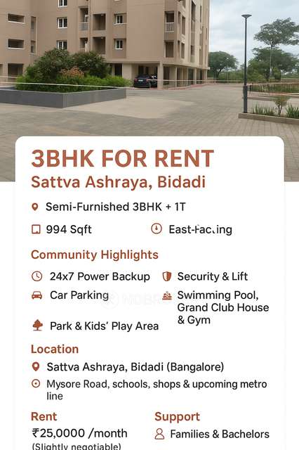 3 BHK Flat In Sattva Ashraya, Bidadi for Rent  In Bidadi