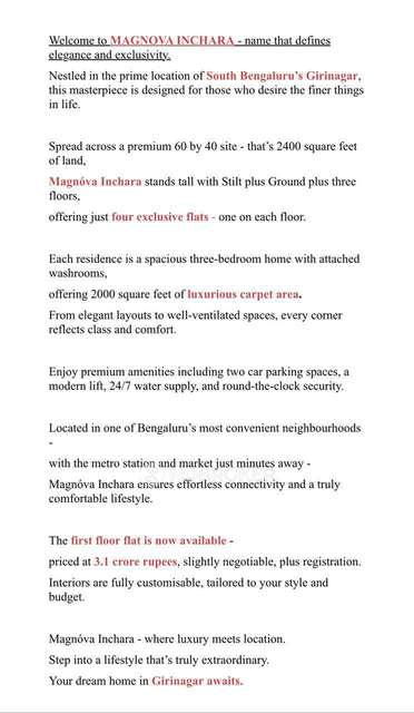 3 BHK Flat In Magnova Inchara , Girinagar For Sale  In Giri Nagar