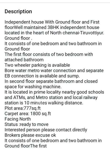 3 BHK House For Sale  In Tiruvottiyur