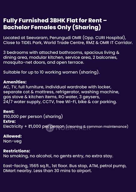 Shared Room for Female In 3 BHK  In Shree Ac Room Sharing In Saraswathi Marriage Hall